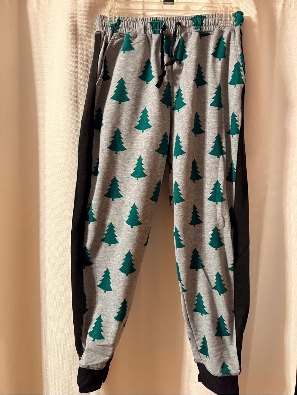 LuLaRoe Gray Joggers with Green Tree Print and Black Panels